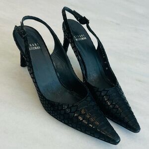 Stuart Weitzman Black Textured Snake Skin Slingback Pointed Heels Size 7 Narrow